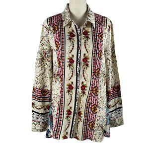 Graceful & Polished Cyrena Anthropologie Mixed Floral Rayon & Linen Blou…